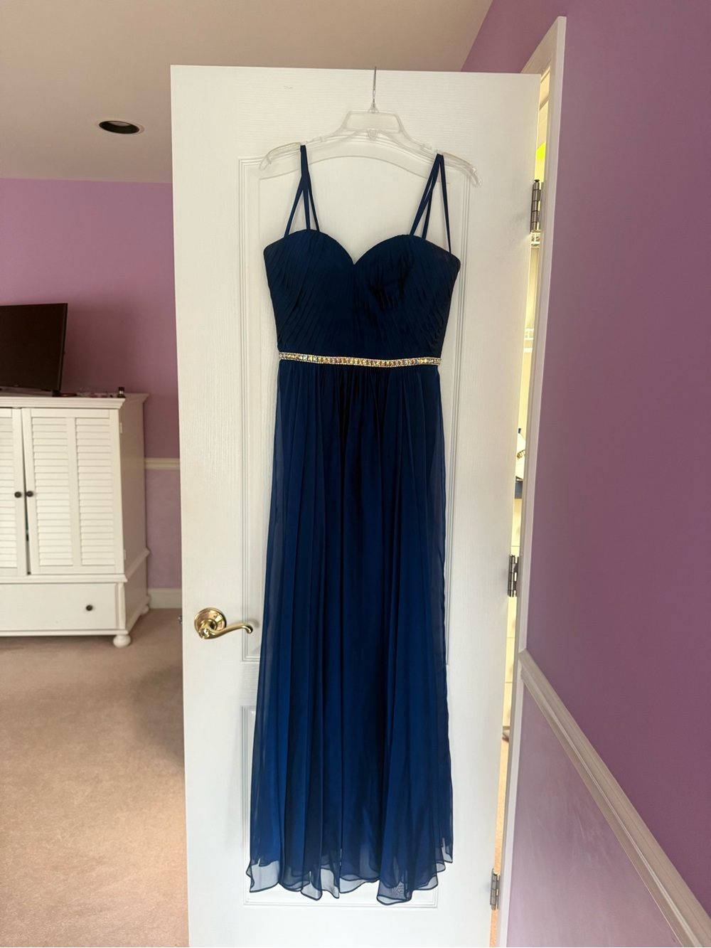 La Femme Navy Blue Chiffon Maxi Dress with Beaded Waist